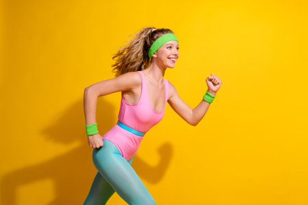 Energetic young woman in retro sportswear exercising happily against vibrant yellow background