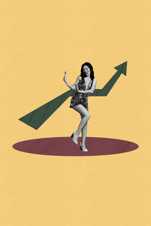 Trend pop collage of person dance stand on yellow background with increase arrows