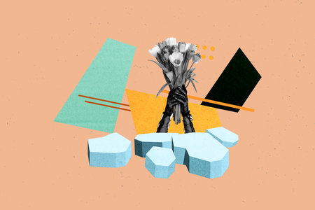 Banner collage of person hand holding bouquet on pastel backgroundの写真素材