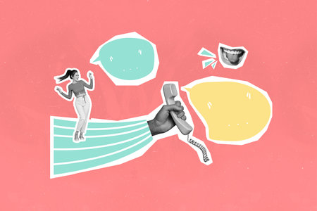 3d trendy image photo collage of happy girl stand human hand hold telephone handset communication bubble talk mouth chat iconの写真素材