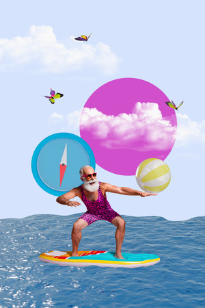 Trend artwork composite banner 3D photo collage of aged man balance surfing sea hold ball compass...