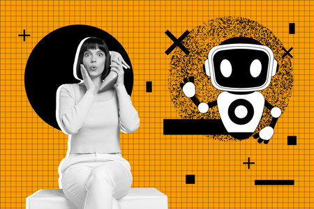 Image 3d zine vertical collage of happy girl stand robot gpt chat helper bot prompt technology artificial intellect futuristicの写真素材