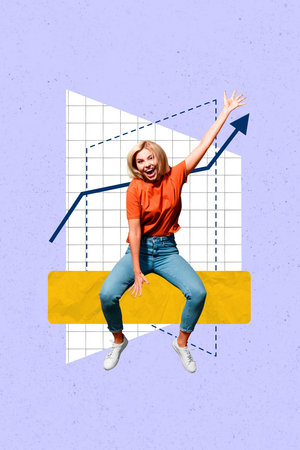 Zine pop image banner 3d photo collage of happy businesswoman receive arrow development statistics progressの写真素材