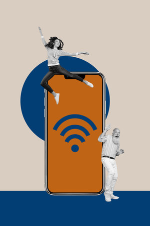 Image vertical 3d collage poster of happy business partners stand phone device screen wifi icon fast 5g network connectionの写真素材