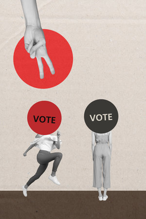 Pop zine sketch artwork collage of anonym girl guy stand paper sheet ballot vote election headless...