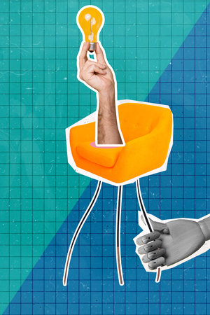 Composite trend image photo collage of hand peek chair hold light bulb idea finding blackout power indoor home living room comfortの写真素材