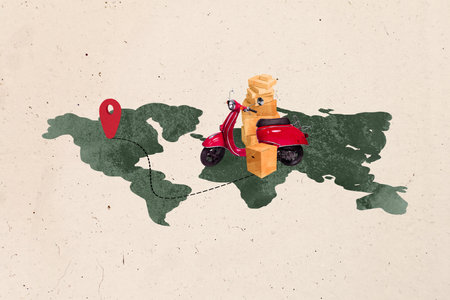 Composite artwork photo collage template sketch of world shopping store seller customer post delivery motorbike transport stack boxの写真素材