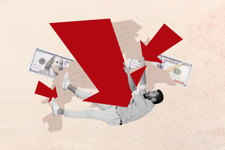Trend artwork poster sketch image collage of global map market financial inflation economic supply arrow push man down banknote moneyの写真素材