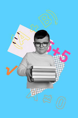 Exclusive image vertical photo collage of happy schoolboy geek learner hold book stack math formula education literatureの写真素材
