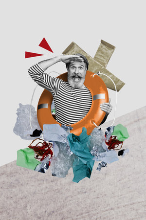 Creative composite sketch design artwork collage of aged man smile search hold saver ring protection recycle pollution ecological problemの写真素材
