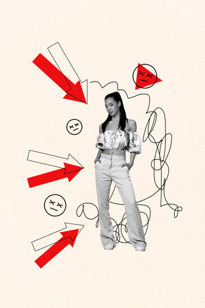 3d sketch image vertical collage of puzzled girl stand arrow pointer doodle emoji bullying shame pressure abuse stereotypeの写真素材