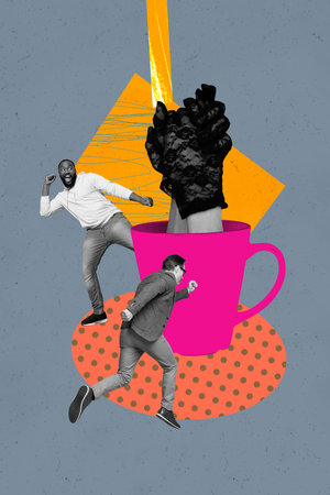 Sketch pop image art collage of happy girl guy stand coffee cup barista order herbal tea coffeehouse pause relaxationの写真素材