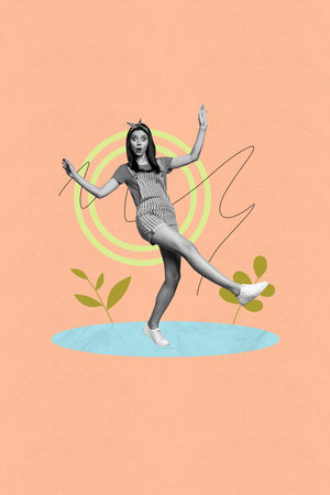 Poster pop collage of person on orange background with round circle shape leavesの写真素材