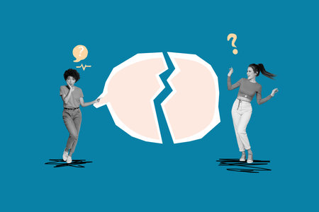Full trendy sketch image photo collage of happy girl guy stand broke bubble communication question...