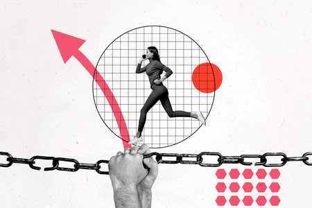 Image 3d zine vertical collage of happy businessman businesswoman run arrow development career chance hand show gesture successの写真素材