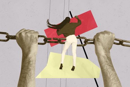 Trendy art creative full zine photo collage of anonym businesswoman stand chain trap metal occupation hands holdの写真素材