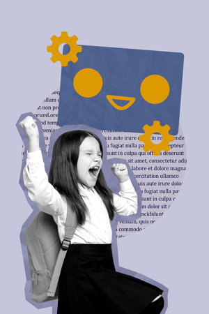 Trend image vertical photo collage of happy preteen schoolgirl wear backpack uniform stand ai smiley bubble gearwheel optimizationの写真素材