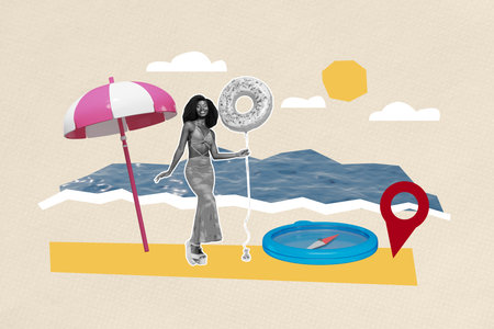 Creative design composite trend artwork collage of sea summer umbrella young lady stand hold air balloon destination trip voyageの写真素材