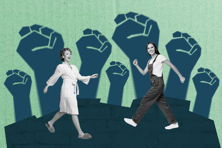 Exclusive image full photo collage of hands show fist gesture strength feminism power worker girls strike protestの写真素材