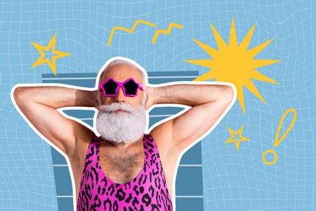Pop art full zine photo collage of happy old man wear leopard swimwear lay air mattress pool swimmer summer vacation rest eventの写真素材
