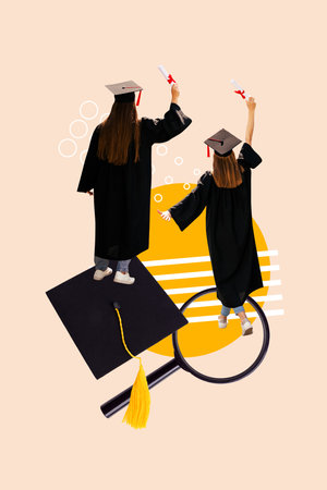 Poster sketch 3D photo collage of two young lady stand back wear uniform graduate university hat education student knowledge zoom glassの写真素材