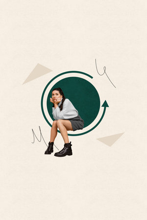 Banner poster collage of person think sit round shape figure rotate arrows on pastel backgroundの写真素材