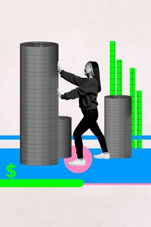 3d sketch image vertical collage of happy businesswoman push coin stack chart development dollar earnings capital successの写真素材