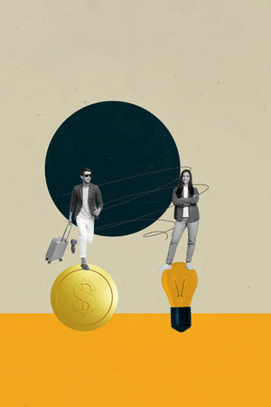 Vertical poster art collage of two happy business partners girl guy stand dollar coin light bulb profit idea earnings blackoutの写真素材