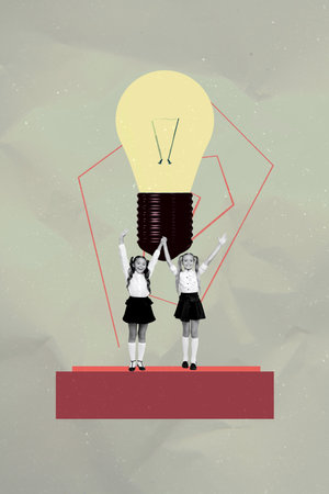 Trendy art creative vertical photo collage of happy businesswoman businessman stand light bulb idea finding power blackout illuminationの写真素材