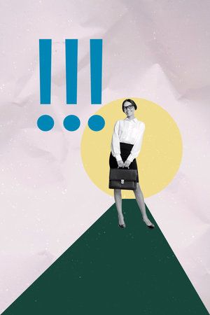 Vertical art collage image of office worker businesswoman businessman exclamation sign attention warning development careerの写真素材