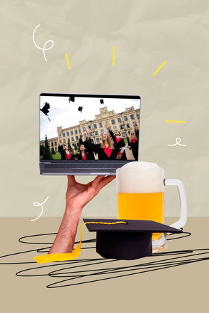 Artwork banner 3D collage of education college hat diploma study university celebrate graduation meeting croup young lady manの写真素材