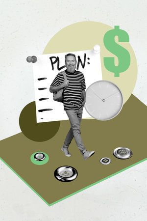 Pop art zine photo collage of happy businessman stand clock expire dollar profit button plan sticker...