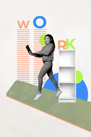 Sketch vertical photo pop collage of happy businesswoman stand office room bookshelf hold laptop...