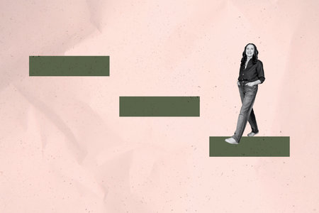 Banner full 3d photo trend image collage of happy businessman businesswoman stand chart development statistics aim achievementの写真素材