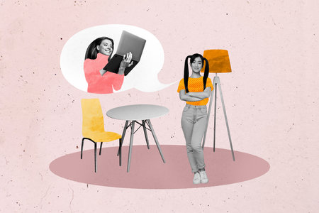 Banner full 3d photo image collage of two happy girls hold laptop bubble communication freelancer dialogue distance stool tableの写真素材