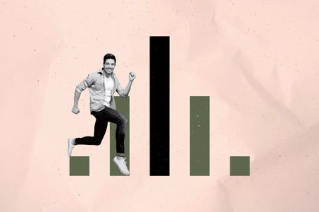 Banner full 3d photo trend image collage of happy businessman businesswoman stand chart development statistics aim achievementの写真素材