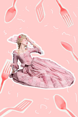 3d sketch image pop vertical collage of happy majestic girl wear ancient dress fork spoon cutlery nutrition cafe order dietの写真素材