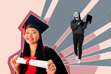 3D collage artwork composite sketch poster of young lady smile hold diploma work laptop graduate study student bachelor academic successの写真素材
