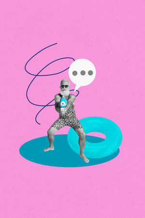 Collage design trend artwork 3D of aged man fashion swimwear bubble conversation vacation beach summer relax float ringの写真素材
