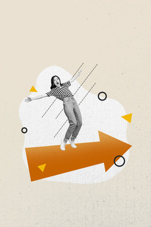 3D collage trend artwork composite sketch poster of young woman stand balance huge arrow way point...