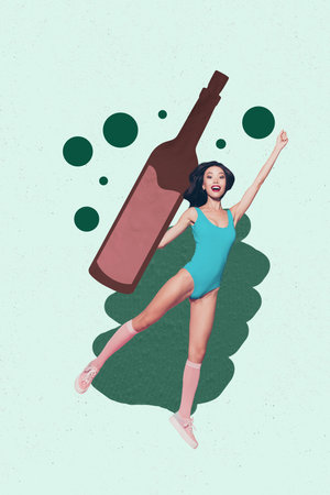 Art image vertical photo collage of happy girl dance nightclub bar occasion wine bottle beverage alcohol chill weekend relaxの写真素材