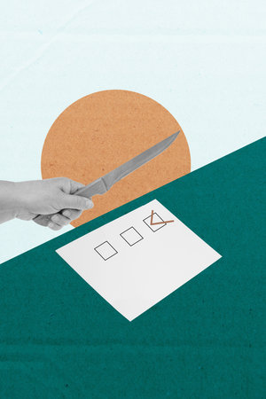 3d trendy image photo collage of human hand paper sheet ballot patriotism election decision checkmark sign democracyの写真素材