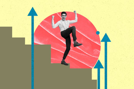 Image pop 3d zine full collage of happy businessman businesswoman stand arrow development career chance promotion employeeの写真素材