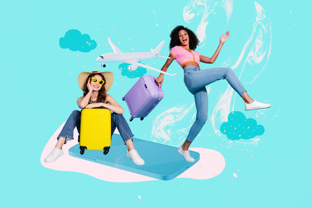 3D collage trend artwork sketch poster of two young lady walk sit smile friends travel plane hold bag agency trip voyage tourist abroadの写真素材