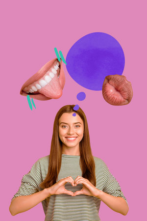 Poster mockup collage of person think, mind cloud with lips mouth on pink backgroundの写真素材