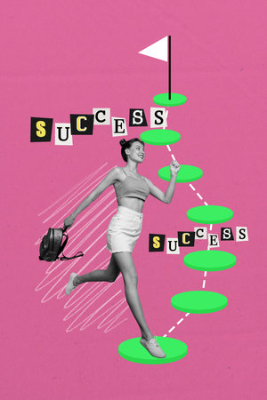 Zine sketch image vertical collage of happy businesswoman stand career ladder finish flag aim achievement opportunity developmentの写真素材