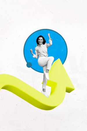 Trendy vertical image photo art collage of happy businesswoman businessman receive arrow progress...
