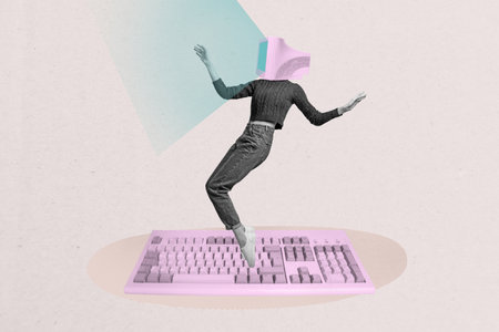 Composite photo collage of girl sit tiptoe keypad instead head computer monitor device ai app party...