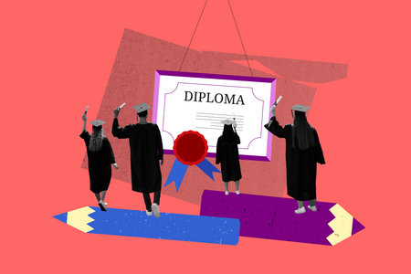 3d sketch poster trend collage of anonym student group graduate university wear master degree cape hat diploma finishingの写真素材