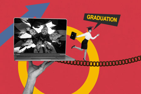 Trend template design 3D photo collage of knowledge academic study graduation young lady run chain talk laptop display man lady team smileの写真素材